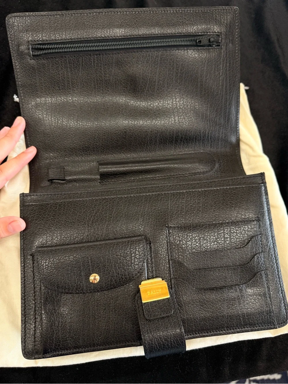 Vintage Bally Black Leather Clutch with Gold Hardware